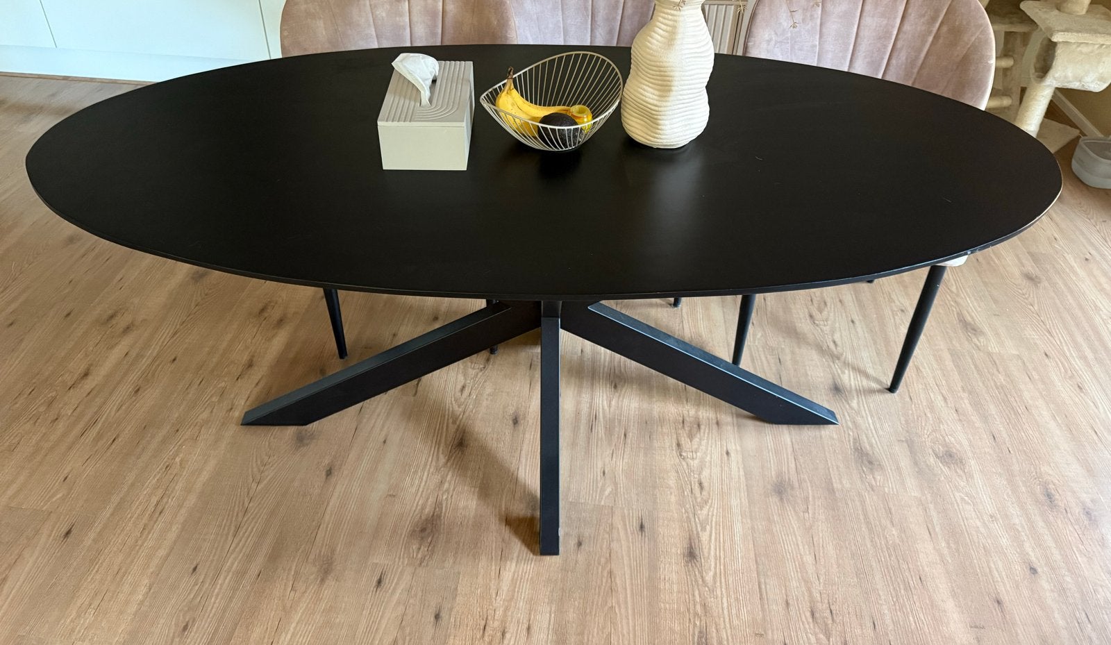 Eettafel 180x90 met houten blad en ijzeren kruispoot, Ophalen, Gebruikt, 50 tot 100 cm, 150 tot 200 cm