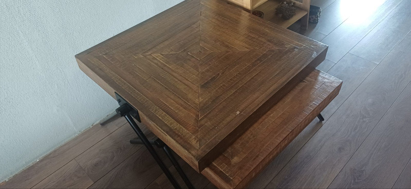 2 Mooie houten salontafels met uniek patroon, Ophalen, Gebruikt, 50 tot 100 cm, Vierkant