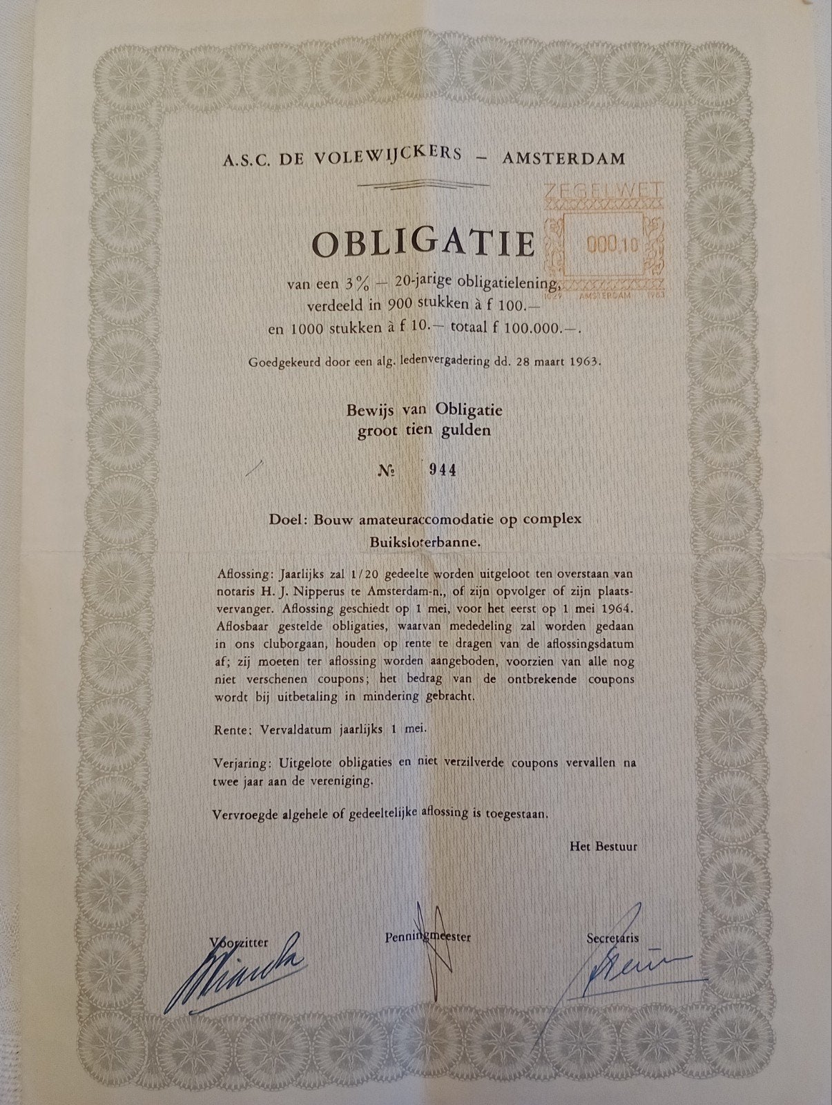 A.S.C. De Volewijckers-Amsterdam Obligatie 1964, Postzegels en Munten, Aandelen en Waardepapieren, Ophalen of Verzenden, Aandeel
