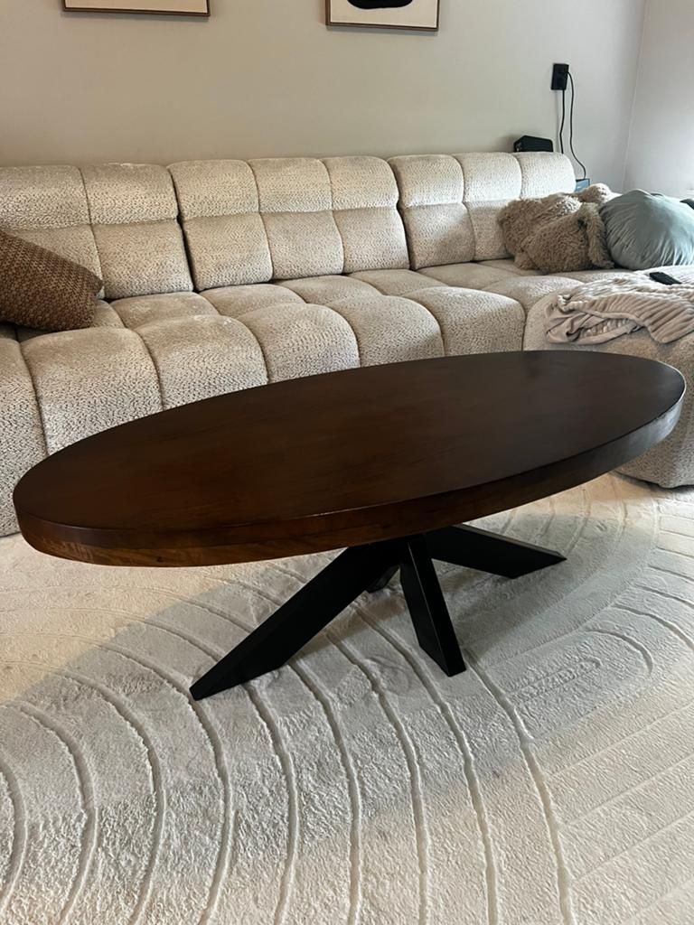 Salontafel ovaal bruin mangohout, Ophalen, 100 tot 150 cm, 50 tot 100 cm, Zo goed als nieuw