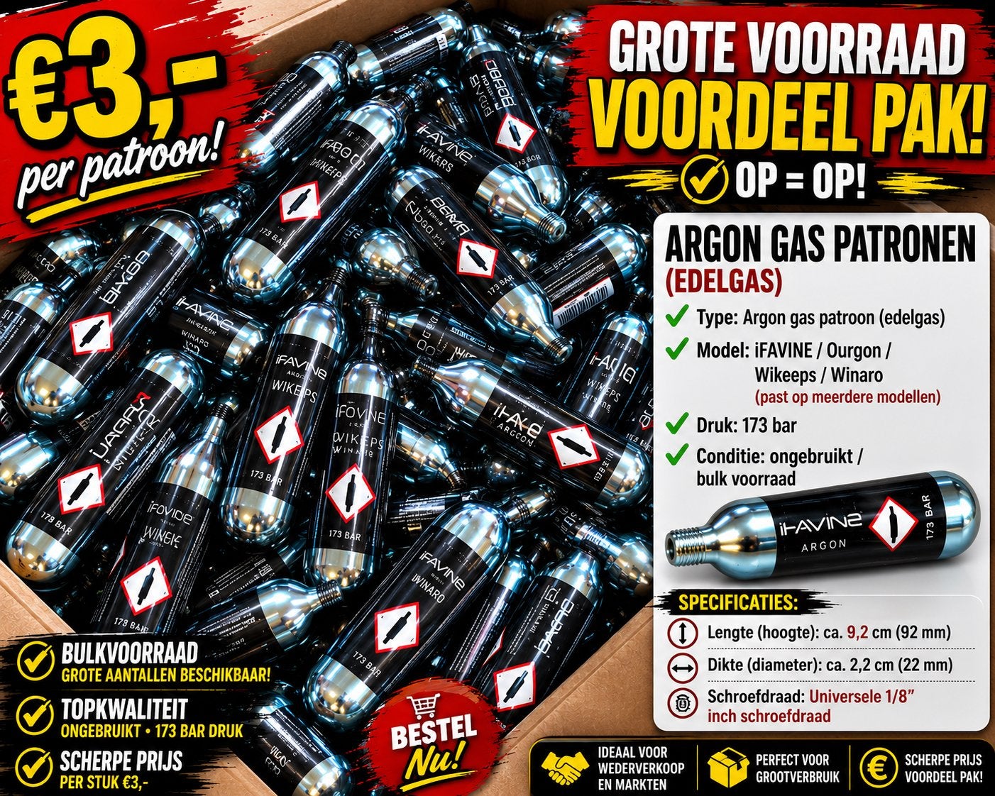 Argon Gas Patronen – NIEUW – Grote Voorraad | 850stuks, Overige typen, Ophalen of Verzenden, Metaal, Overige merken