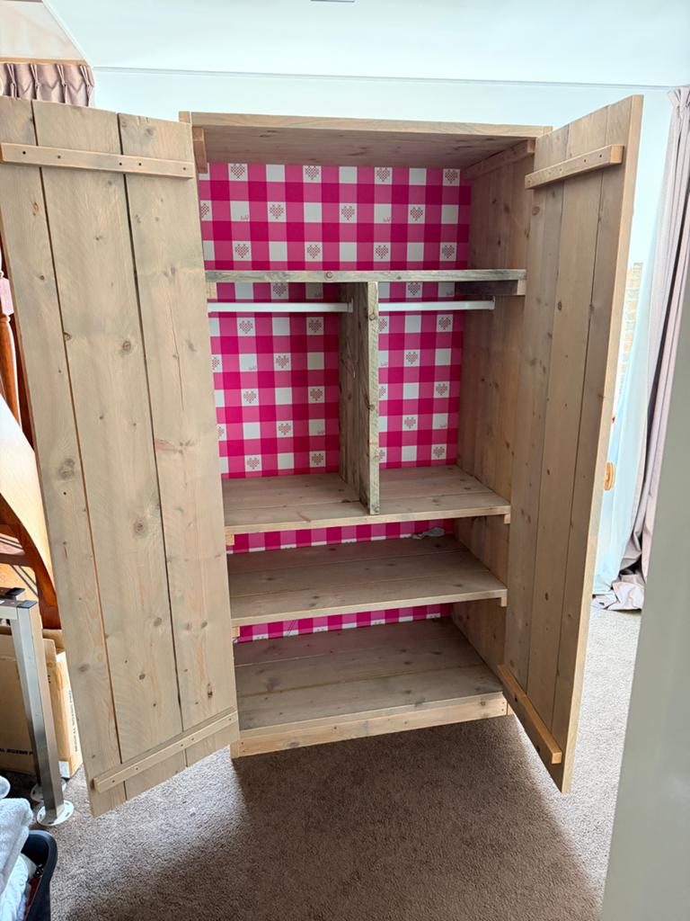 Steigerhouten kledingkast met planken en hangruimte, Ophalen, Gebruikt, 50 tot 100 cm, 150 tot 200 cm