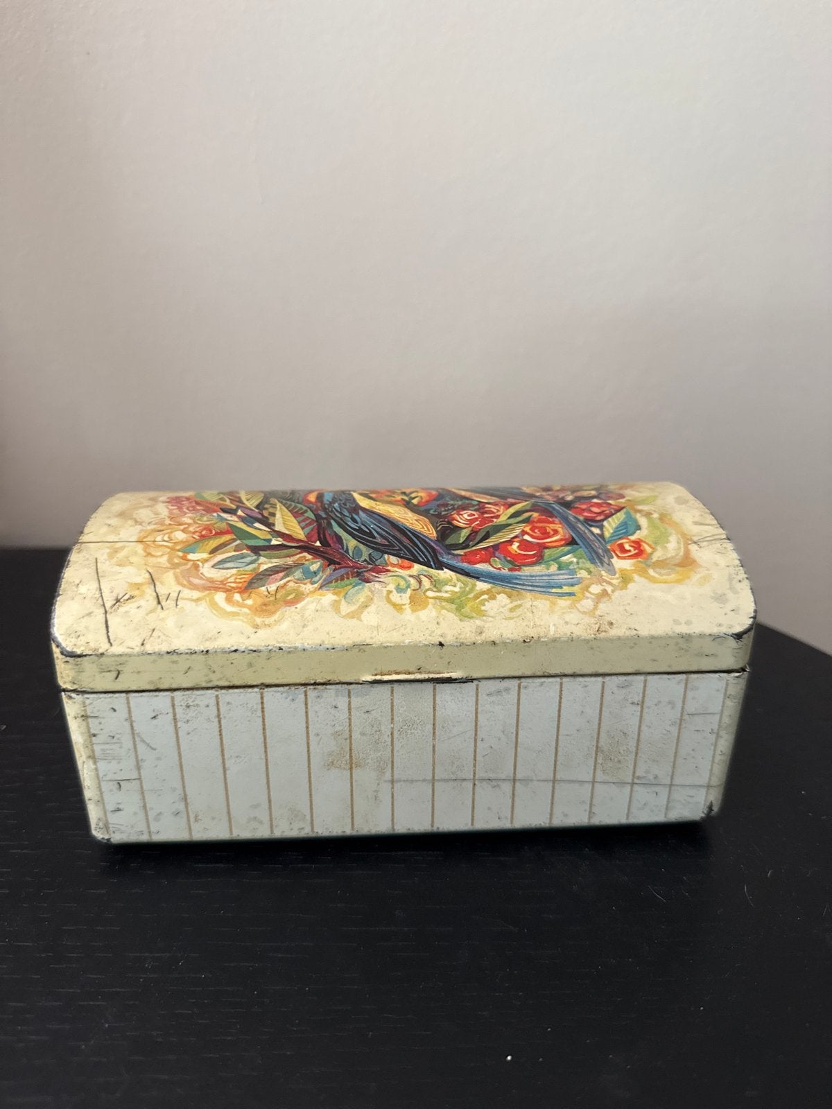 Vintage  doosje met vogelprint - Gebruikt, Verzamelen, Blikken, Ophalen of Verzenden, Gebruikt, Overige, Overige merken