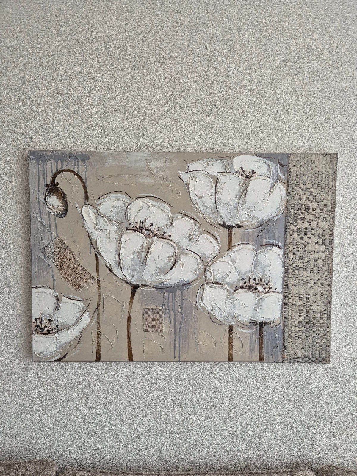 Canvas Schilderij met Reliëf - Witte Bloemen 100x70 cm, Ophalen