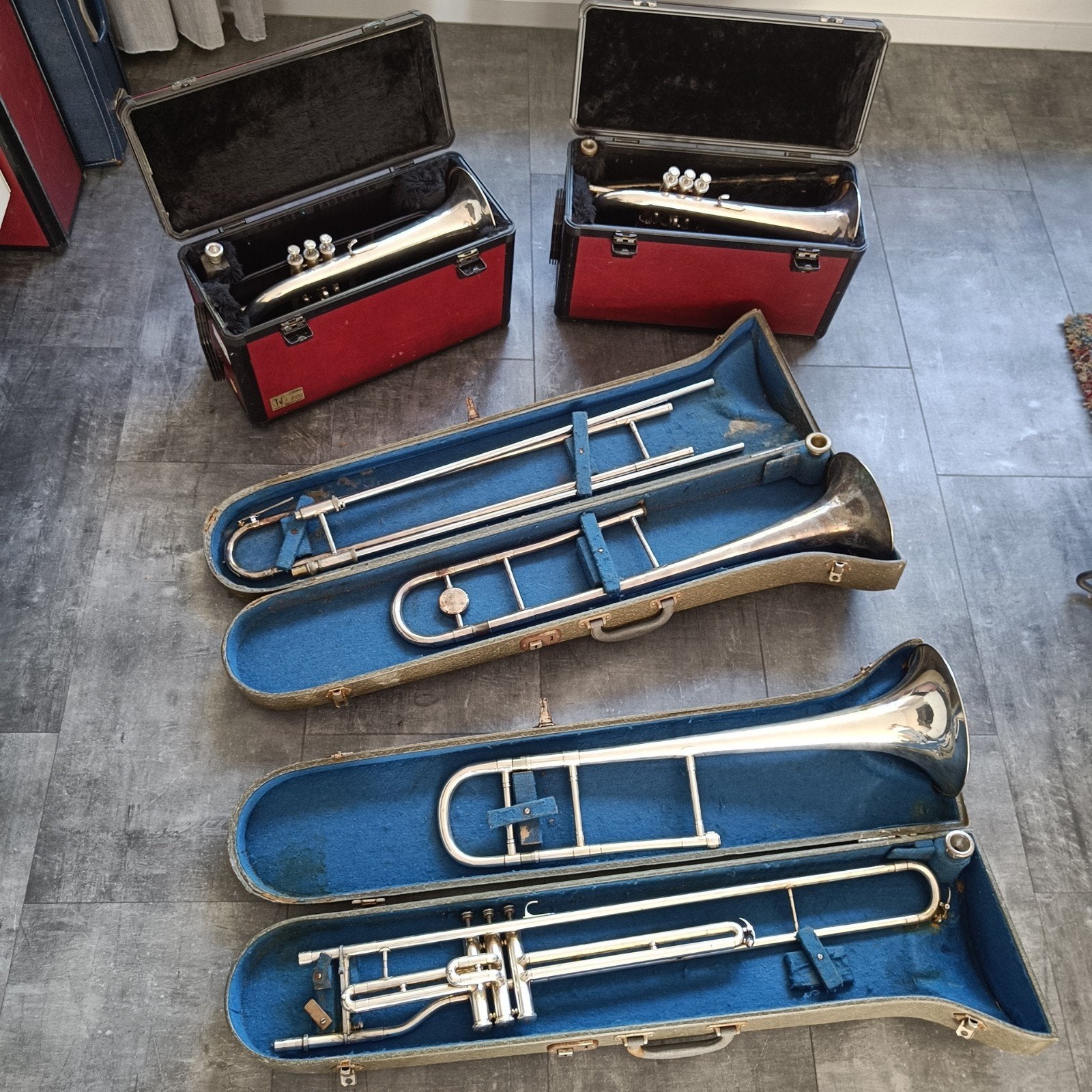 Vintage 2 bugels en 2 trombones, Ophalen, Gebruikt, Koperblazer