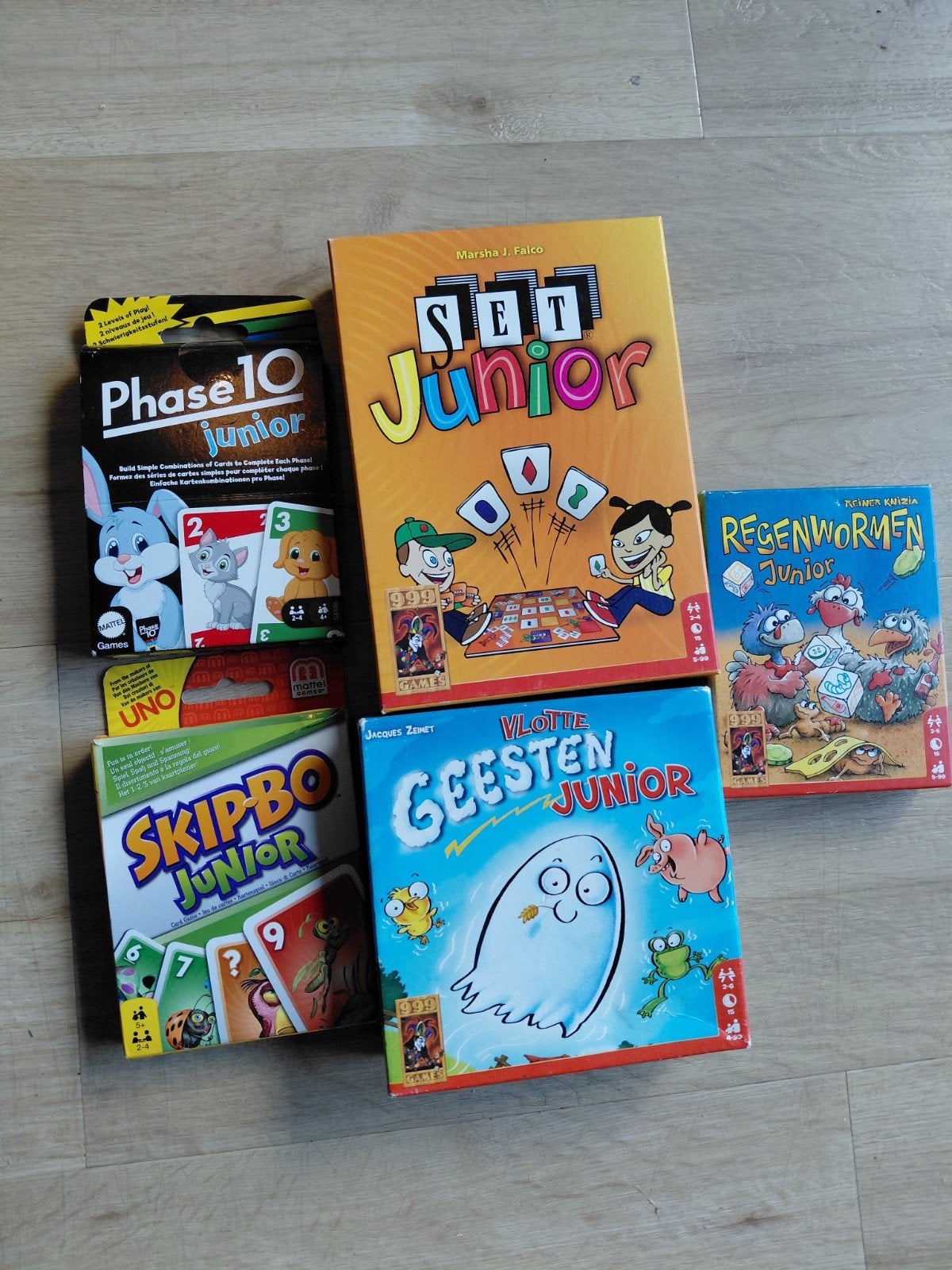 5 Junior Spellen: Set, Vlotte geesten, Phase 10, Skip-Bo, Re, Een of twee spelers, Ophalen of Verzenden, Gebruikt, Mattel, 999 Games