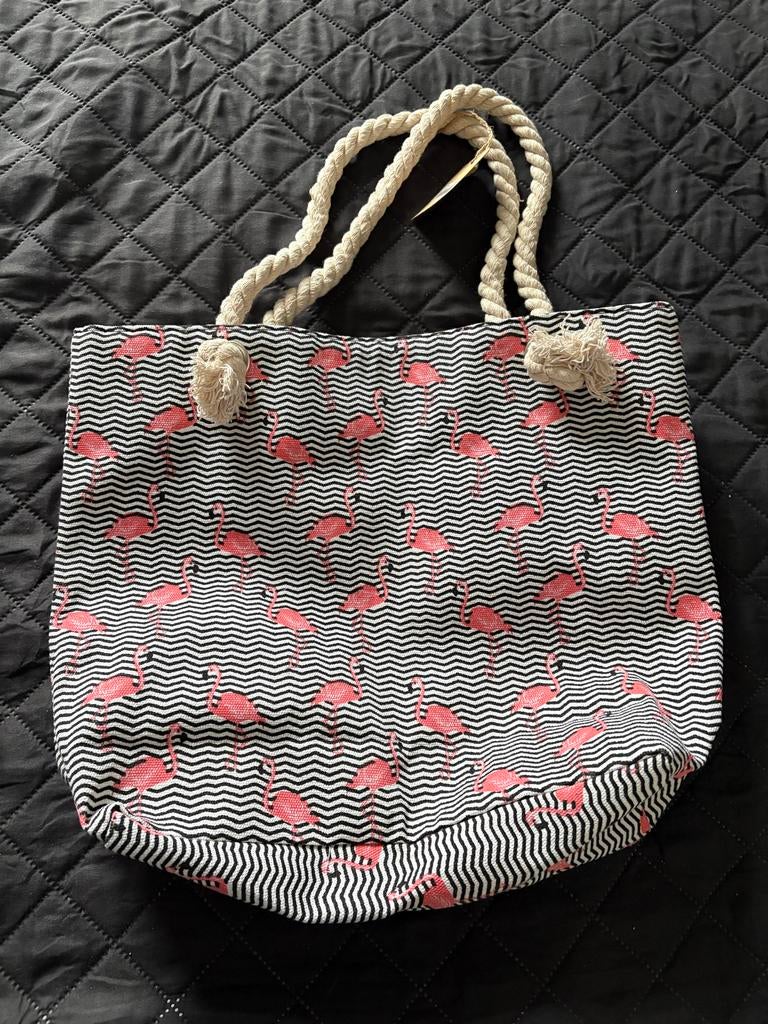 Leuke strandtas met flamingo's en strepen, Sieraden, Tassen en Uiterlijk, Tassen | Damestassen, Ophalen of Verzenden, Nieuw, Zwart