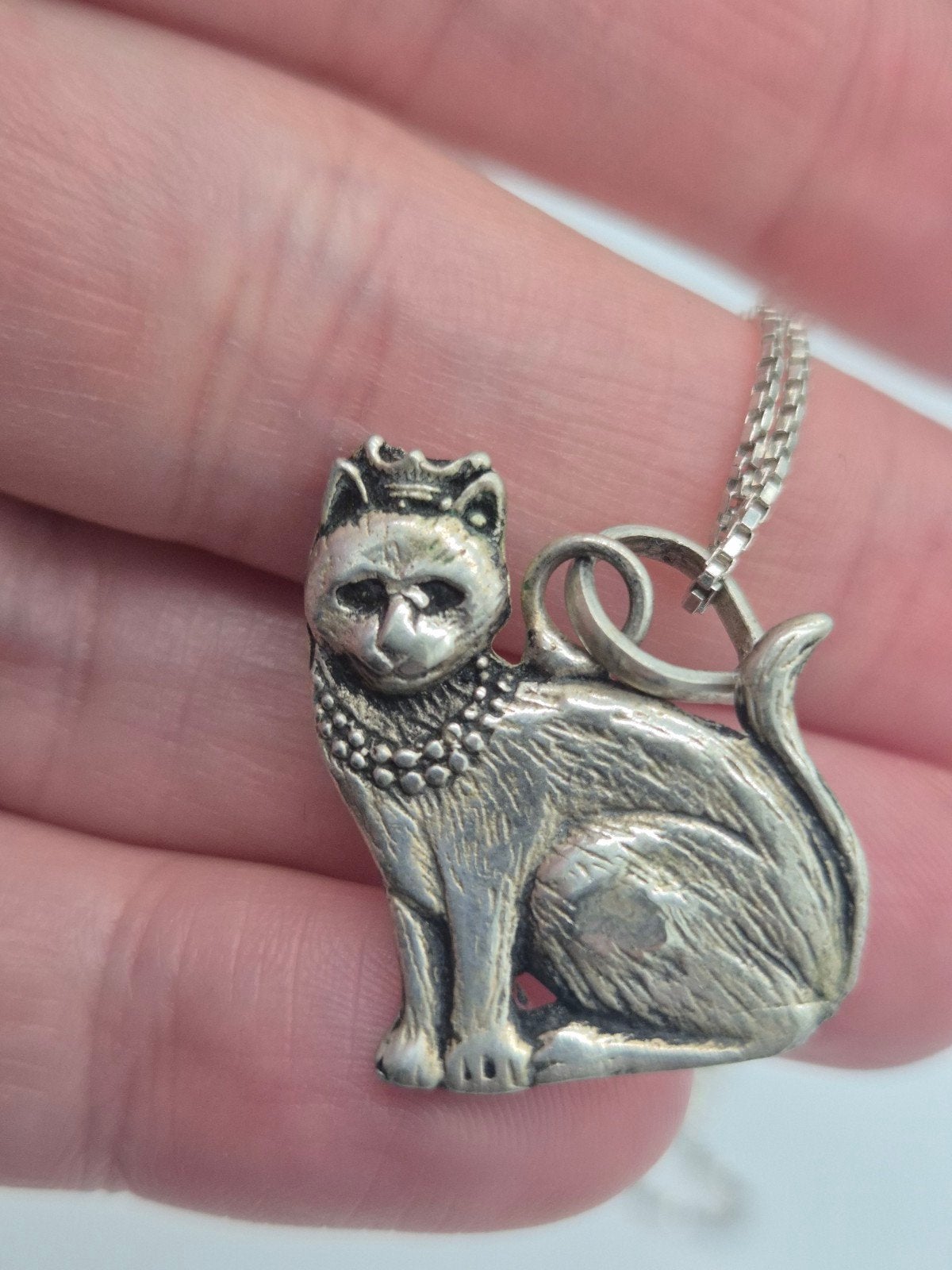Vintage Zilveren Kat Ketting, Met hanger, Gebruikt, Verzenden, Zilver