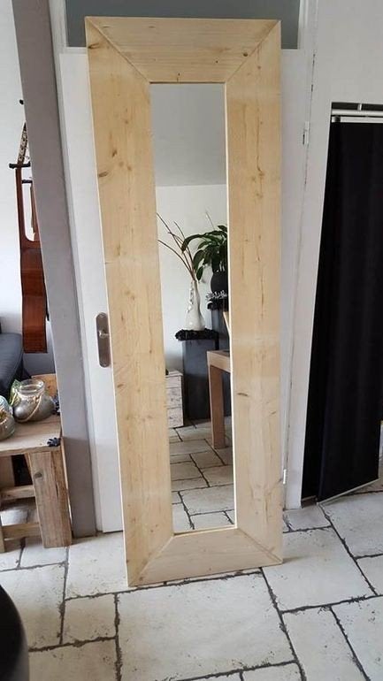 Grote spiegel met steigerhouten omlijsting (208x66 cm), Huis en Inrichting, Gebruikt, 200 cm of meer, Ophalen of Verzenden, Rechthoekig