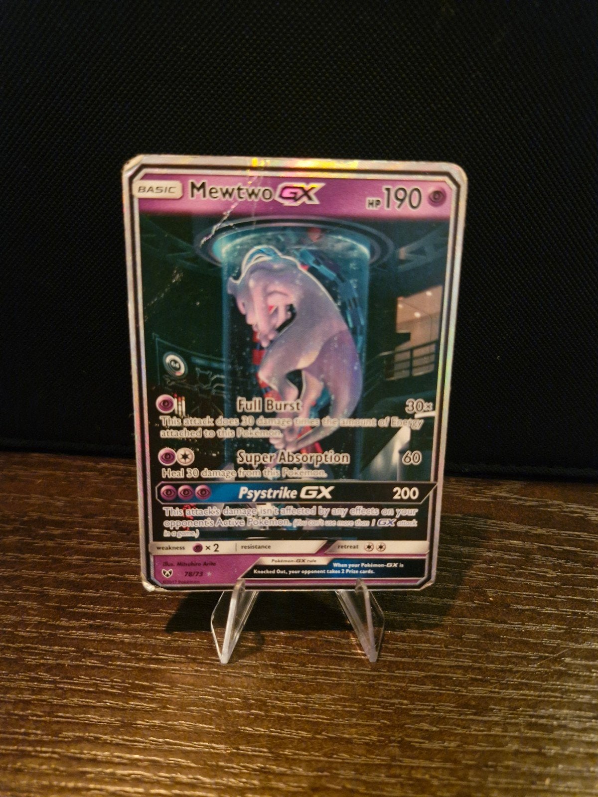 Mewtwo GX Pokémon kaart - Beschadigd MET FINGERPRINT, Ophalen of Verzenden, Gebruikt, Losse kaart, Foil