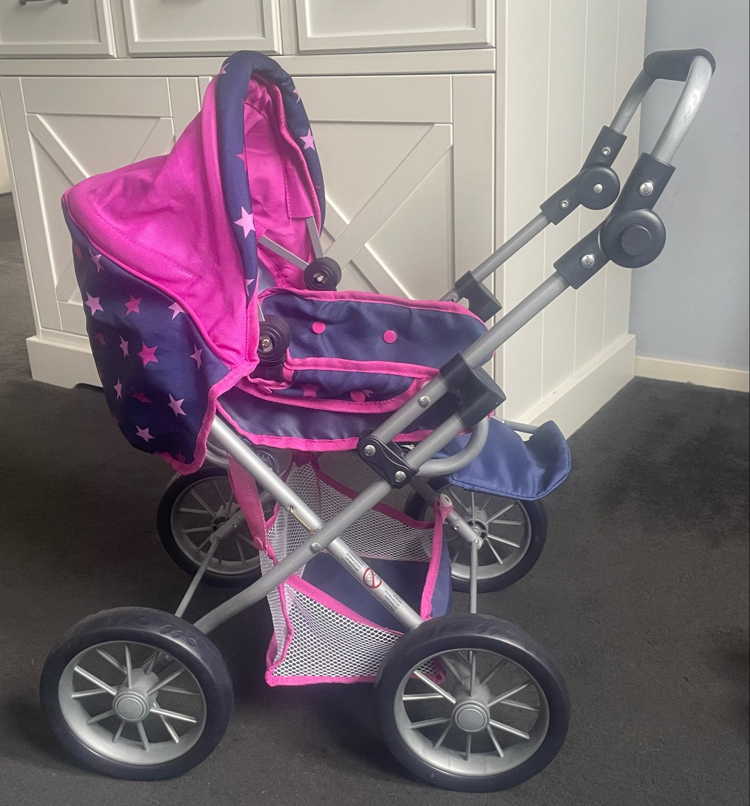 Poppenwagen met slaapzak - Roze/Blauw met sterren, Ophalen, Gebruikt, Babypop