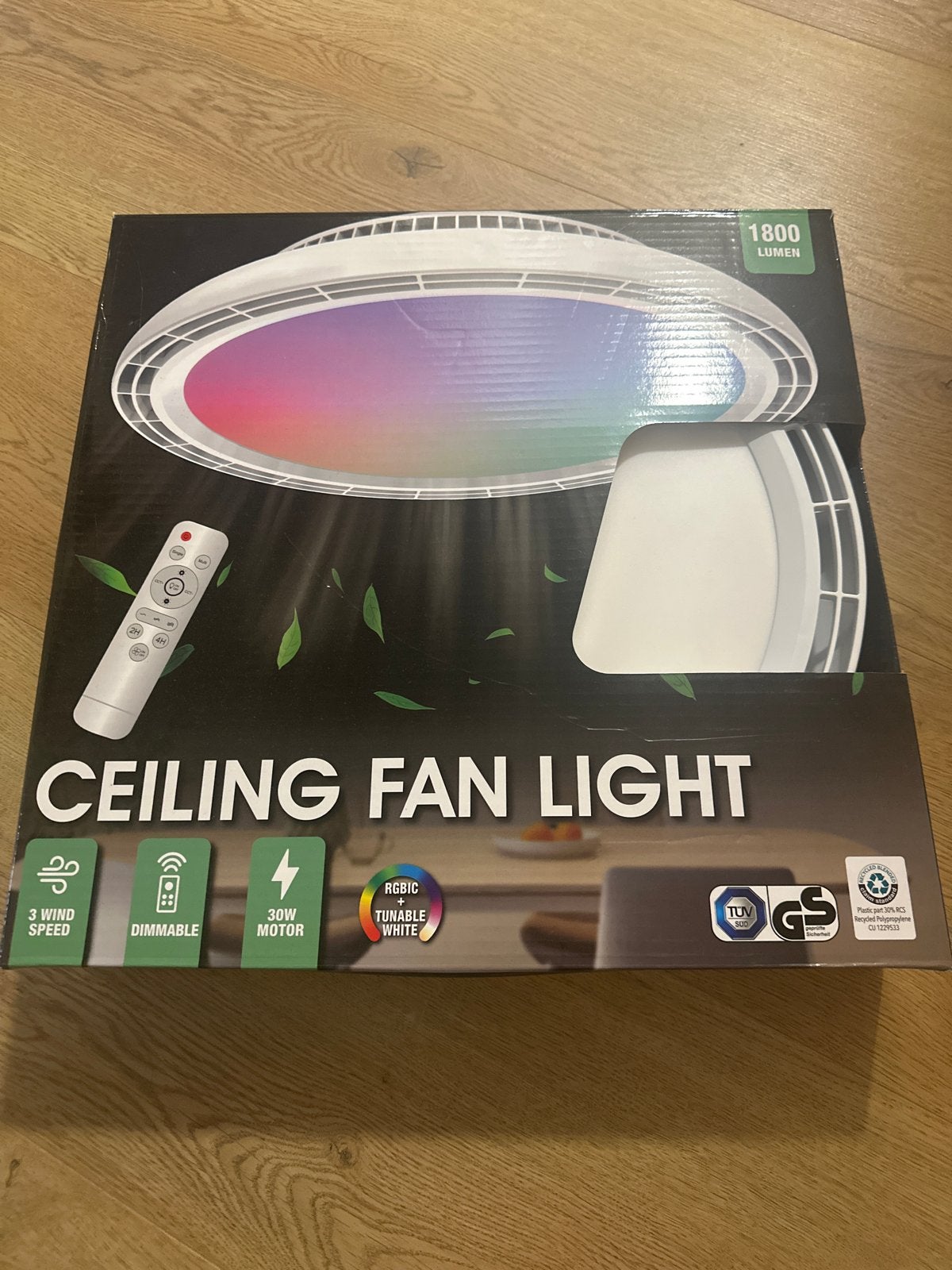 Plafondventilator met LED-verlichting en afstandsbediening, Ophalen, Kunststof, Wit, Plafondlamp