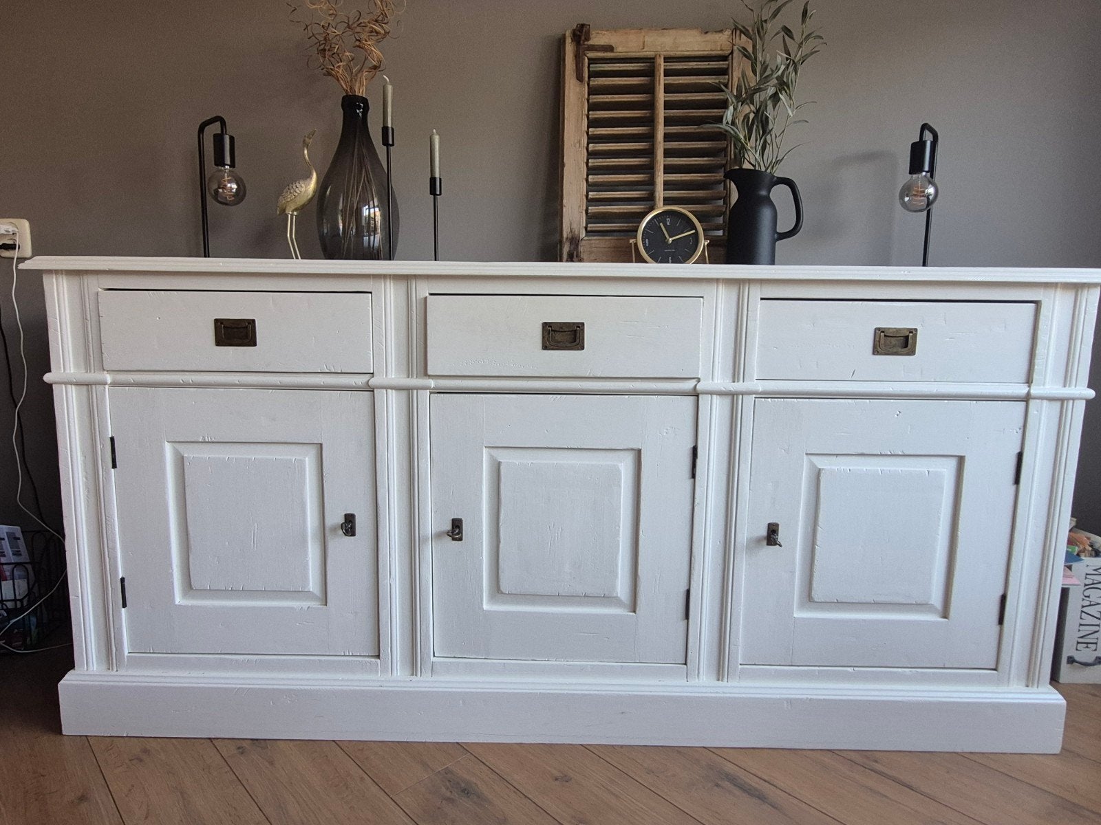 Wit eikenhout dressoir met lades en deuren, Huis en Inrichting, Kasten | Dressoirs, Ophalen, Gebruikt, 150 tot 200 cm, Klassiek, Landelijk