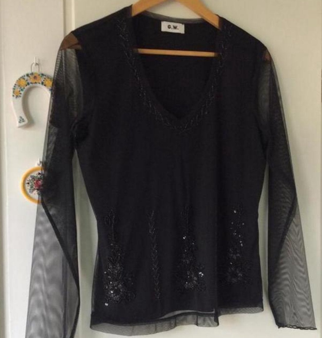 Gerry Weber, zwarte top, , transparante mouwen, maat 40,, Kleding | Dames, Ophalen of Verzenden, Zo goed als nieuw, Maat 38/40 (M)