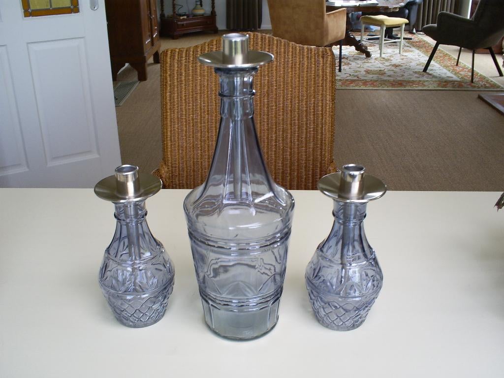 Vintage set flessen met kaarsenhouders 3 stuks, Huis en Inrichting, Overige materialen, Gebruikt, 25 tot 50 cm, Ophalen of Verzenden