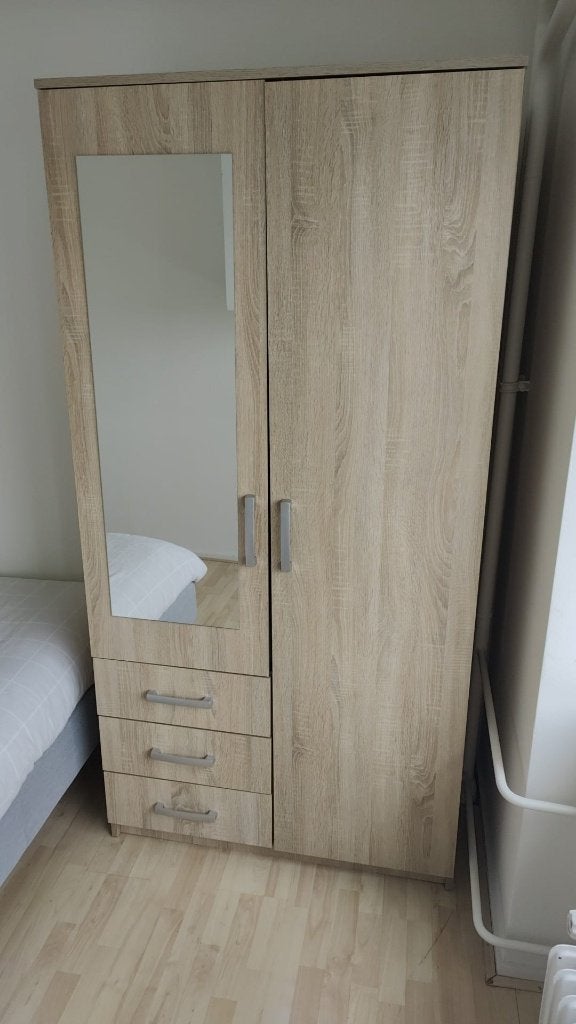 Jysk Vellerup kledingkast 101x200 met spiegel + 3 lades, 100 tot 150 cm, Zo goed als nieuw, 150 tot 200 cm, 50 tot 75 cm