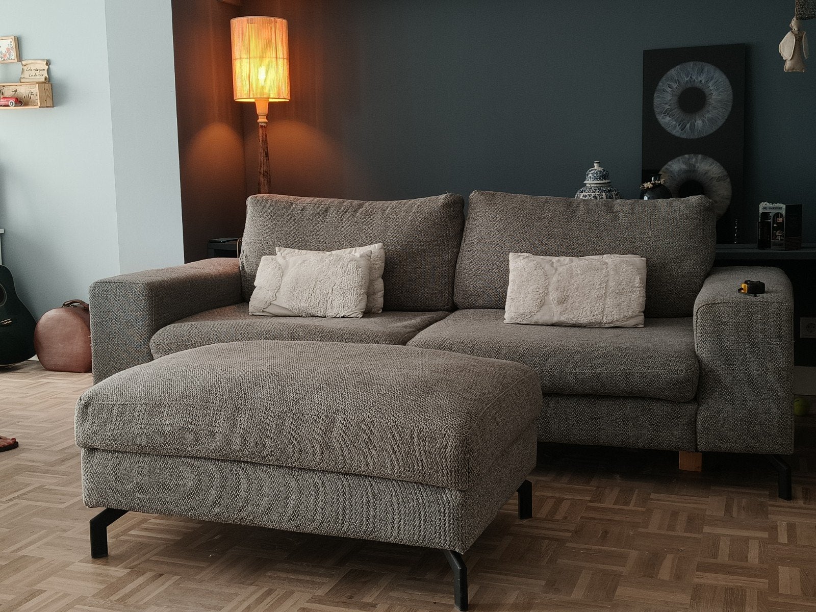 Montel 3 zits bank 2.30/88 en hocker 1.02/68 en chaise longe, Ophalen, Gebruikt, Stof, Robuust / Modern