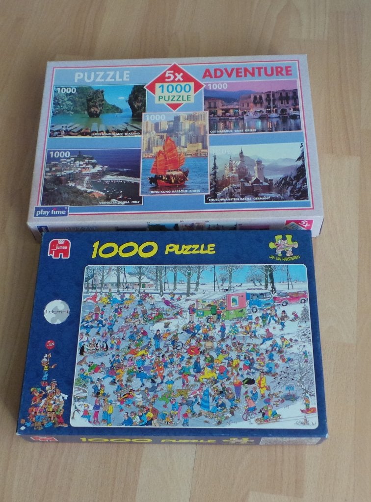 Puzzelen 6 legpuzzels 1000 st. Jan v.Haasteren: Op glad ijs, Ophalen, 500 t/m 1500 stukjes, Zo goed als nieuw, Legpuzzel