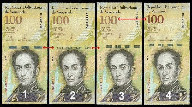 Venezuela 2017, 4 varianten van de 100.000 Bolivares (UNC), Verzenden, Zuid-Amerika, Setje