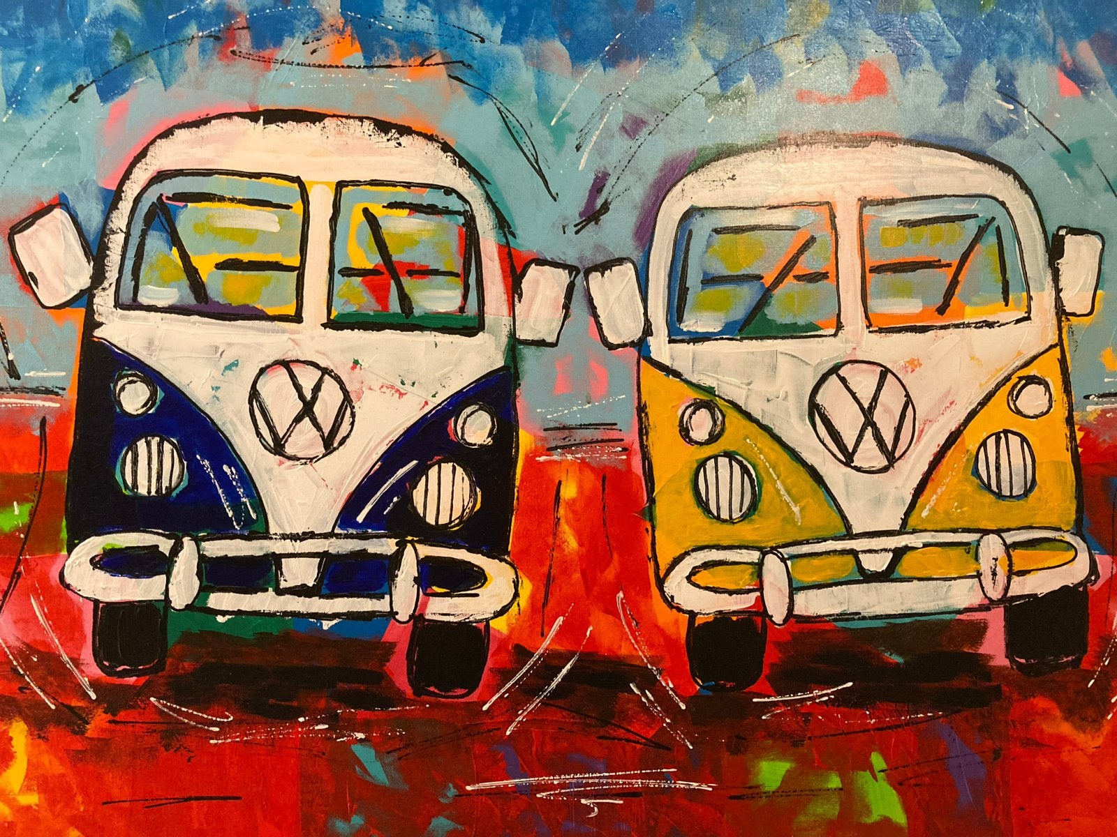 Kleurrijk schilderij van VW busjes, Voertuigen, Acrylverf, Handgeschilderd, Ophalen of Verzenden