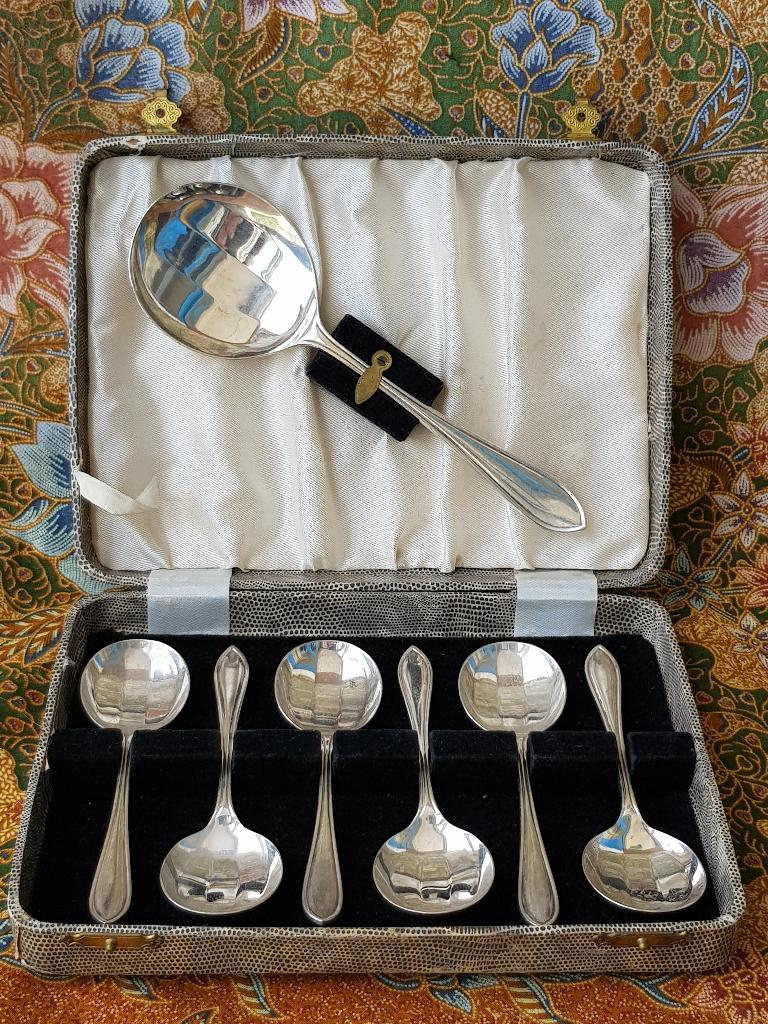 Mooie antieke Engelse silverplate dessertlepels in een etui.