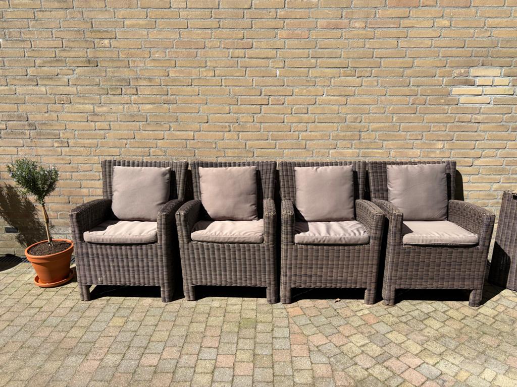 Bellagio tuinset, 4 stoelen + kussens + tafelonderstel, Ophalen of Verzenden, Gebruikt, Wicker