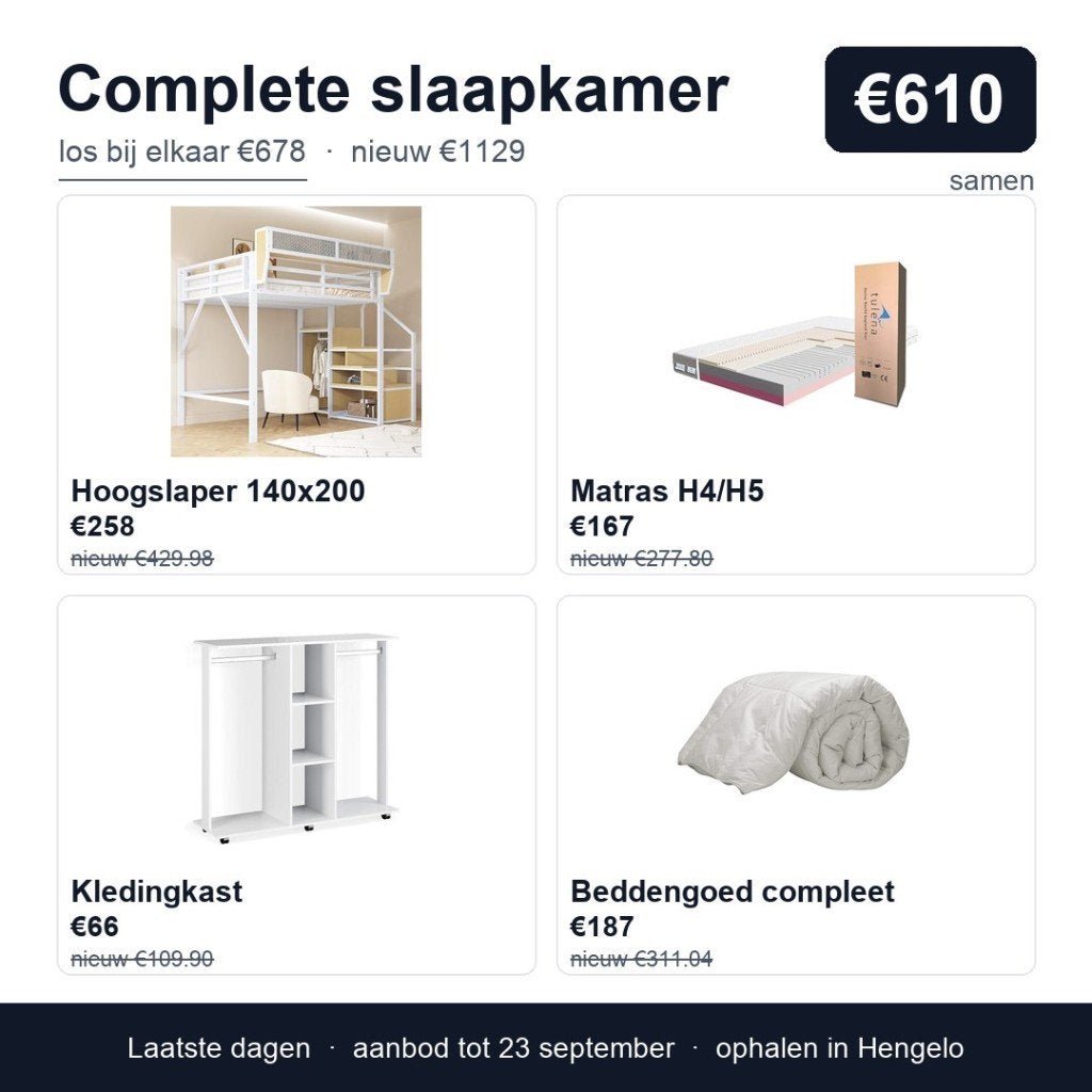 Complete slaapkamer: hoogslaper, matras, kast en beddengoed