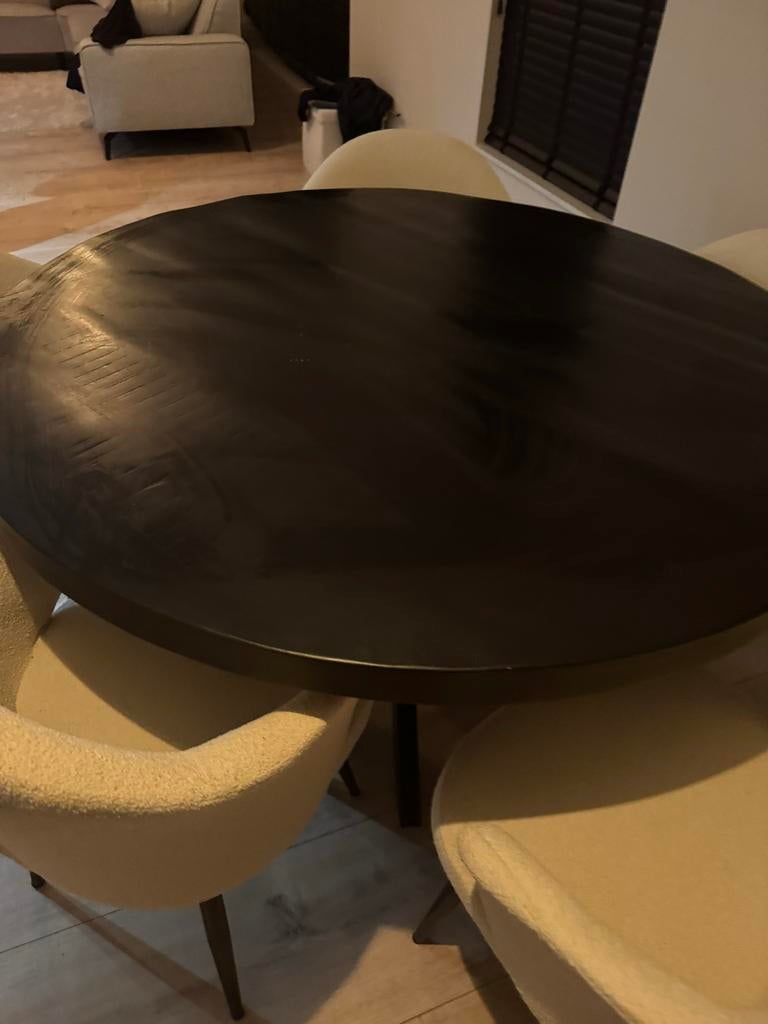 Zwarte houten eettafel 1.40M met 5 Japandi teddy stoelen, Japandi, Gebruikt, 100 tot 150 cm, Rond