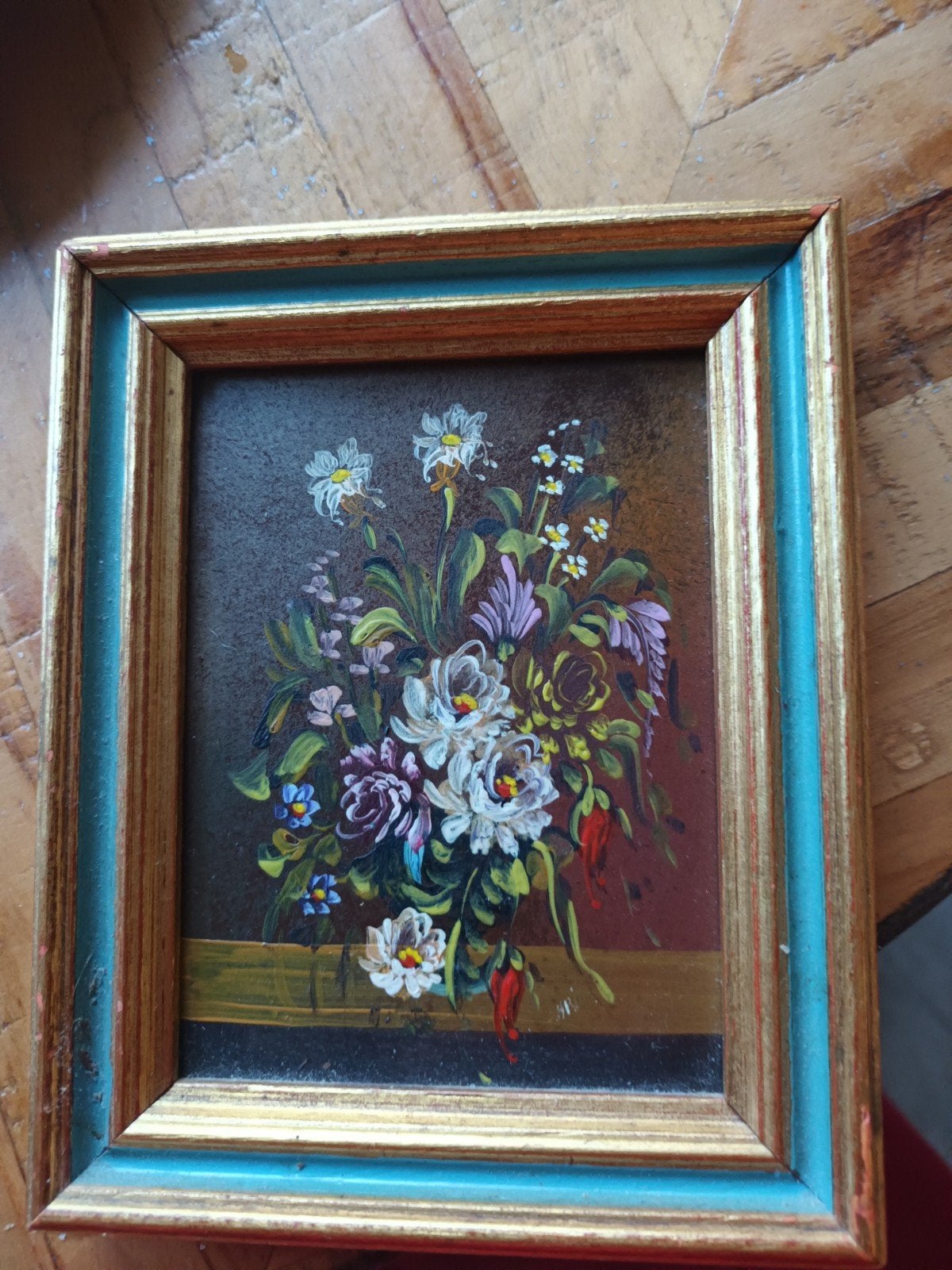 Olieverf bloemenstilleven in lijst 12x15 cm, Ophalen of Verzenden, Ingelijst, Olieverf, Bloemen