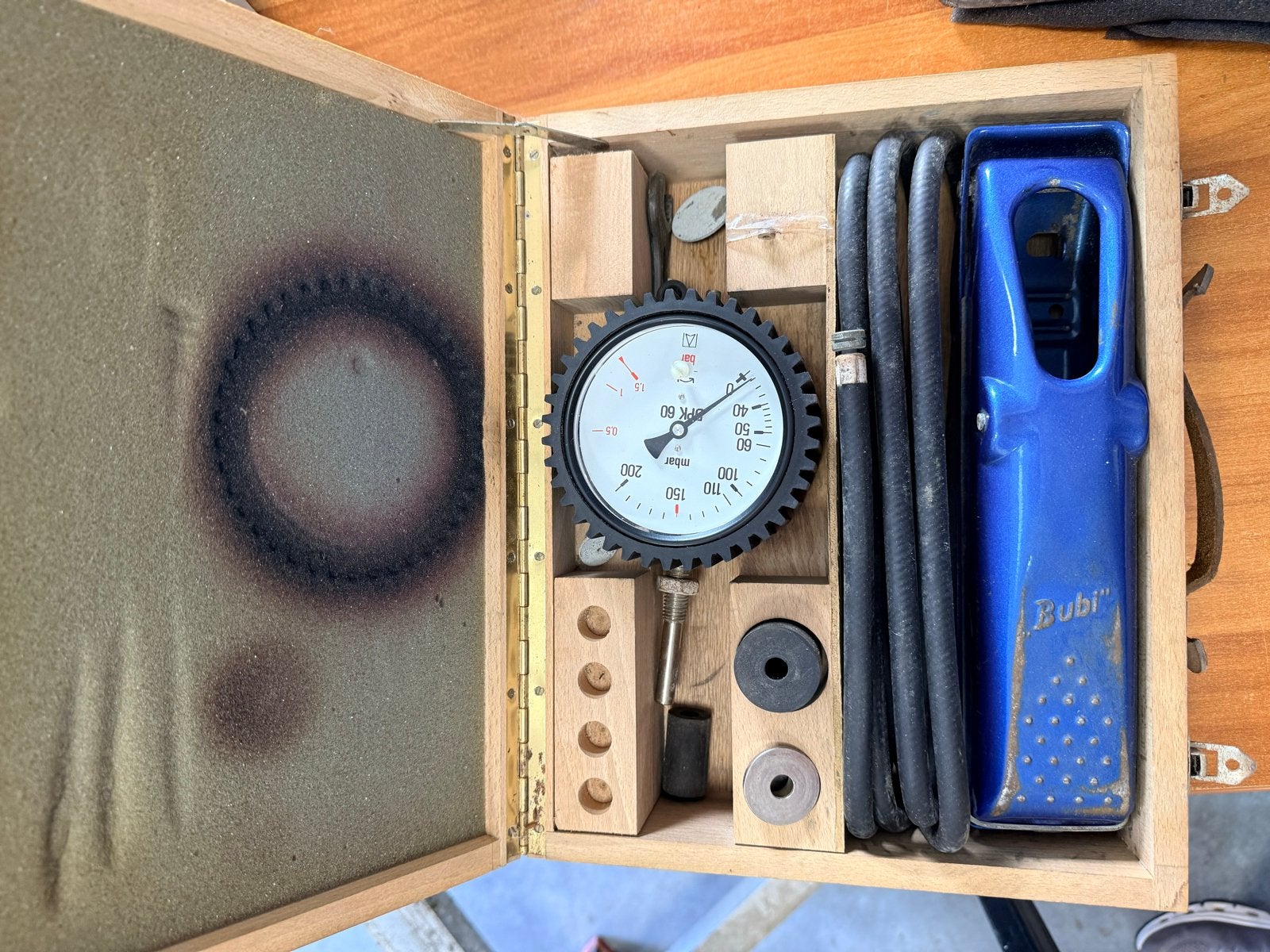 Vintage SKS Bubi Voetluchtpomp met Manometer in Houten Koffe, Ophalen of Verzenden, Gebruikt