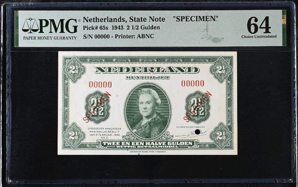 UNC specimen biljet 2,5 gulden Wilhelmina, 1943 | PMG 64, Postzegels en Munten, Ophalen of Verzenden