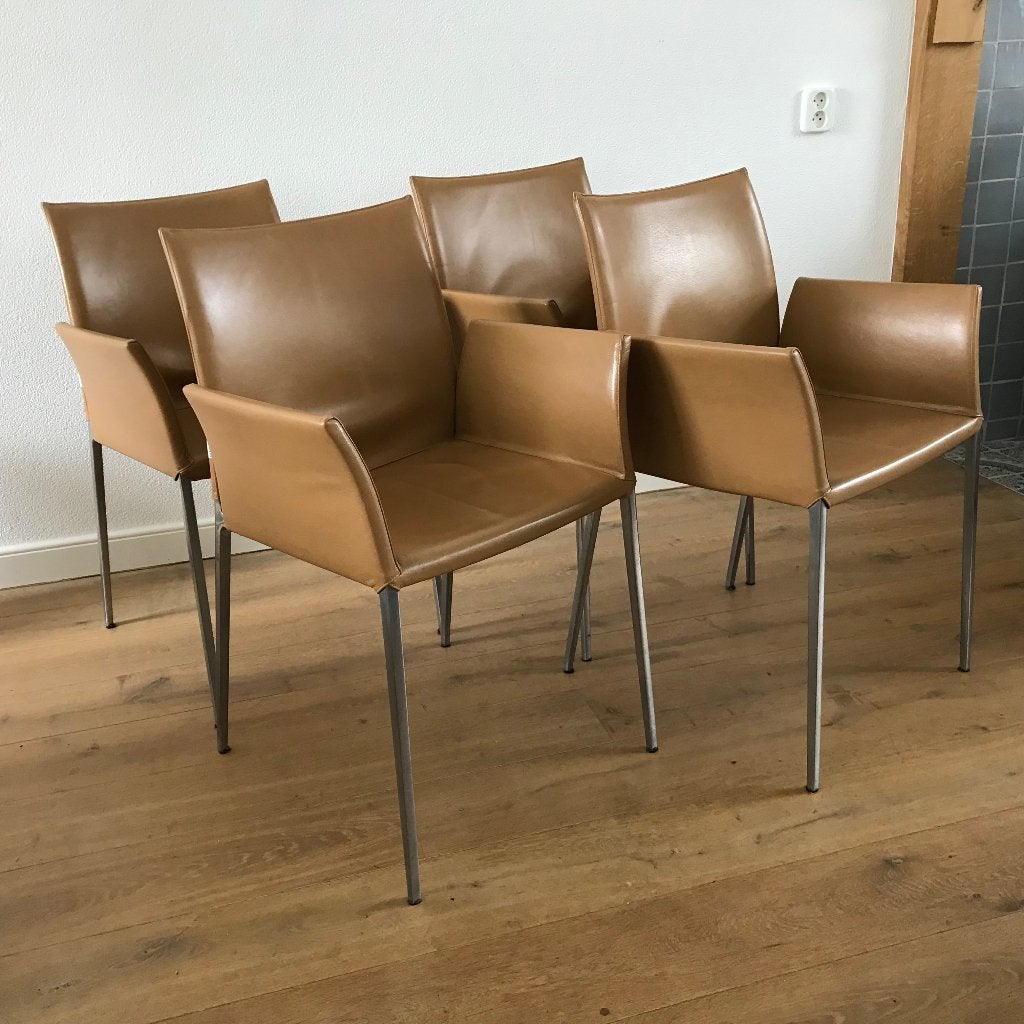 Set 4 IZGS Zanotta Lia Lea Lio design stoel bruin leer, Ophalen, Bruin, Leer, Zo goed als nieuw