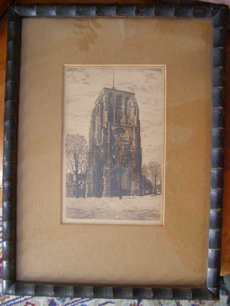 Oude gravure Oldenhove Leeuwarden gesigneerd ingelijst, Stadsgezicht, Ophalen of Verzenden, Gravure, 13 cm