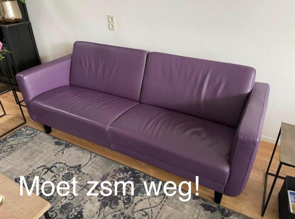 Montèl leren paarse driezitsbank, Ophalen, Driepersoons, Zo goed als nieuw, Rechte bank