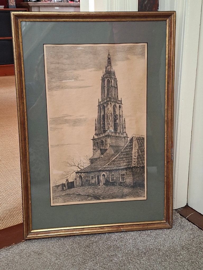 Antieke ets van de kerktoren van Rhenen, ingelijst., Antiek en Kunst, Kunst | Etsen en Gravures, Ophalen, Ingelijst, Ets, Stadsgezicht