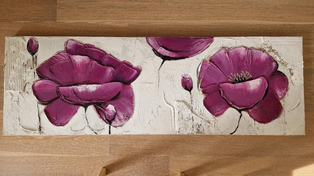 Schilderij roze paarse bloemen 50x150 cm, relief, Ophalen