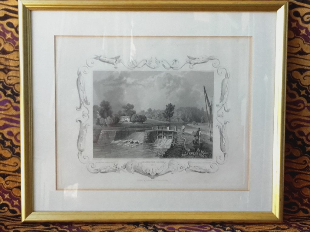 Allington locks mooie antieke ingelijste ets uit Engeland., Ingelijst, 1800 - 1899, Ophalen of Verzenden, Gravure
