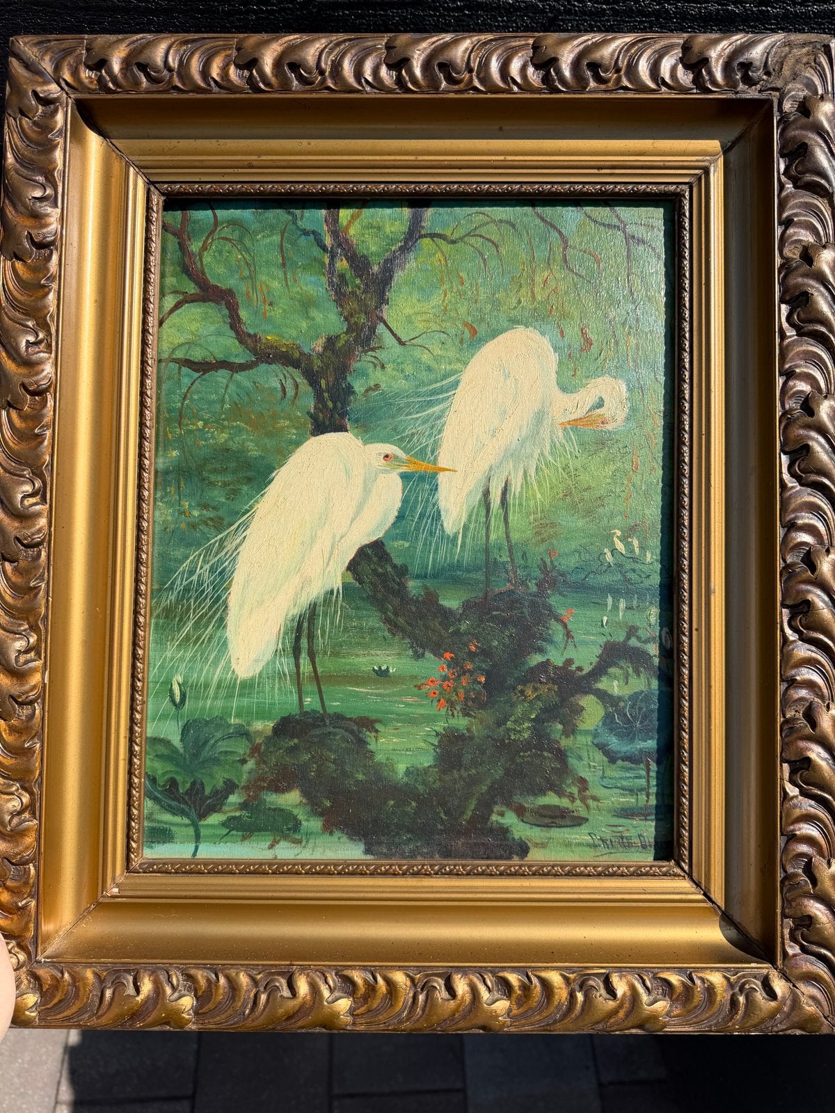 Schilderij met Reigers, Ophalen, Doek, Dieren, Gesigneerd