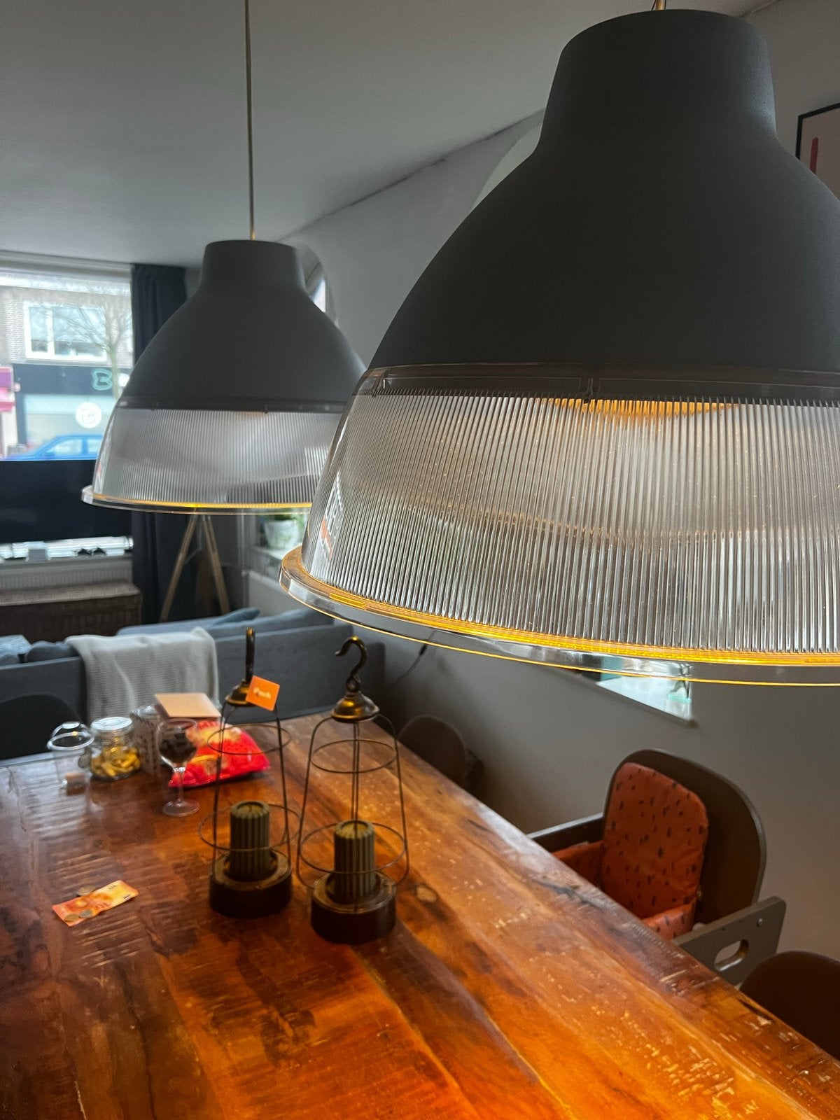 Set van 2 industriële hanglampen, grijs met transparant, Huis en Inrichting, Lampen | Hanglampen, Ophalen, Gebruikt, Kunststof