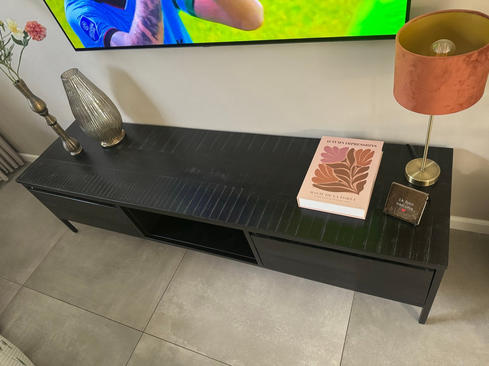 Zwart TV-meubel met open vak en lades, Ophalen, Gebruikt, 150 tot 200 cm, Minder dan 100 cm