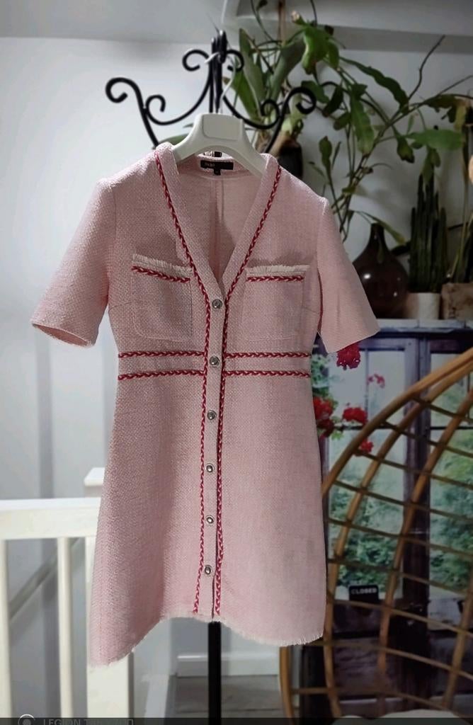 Maje Roze Tweed Jurk met Rode Details xs, Kleding | Dames, Jurken, Ophalen of Verzenden, Roze, Maat 34 (XS) of kleiner, Boven de knie