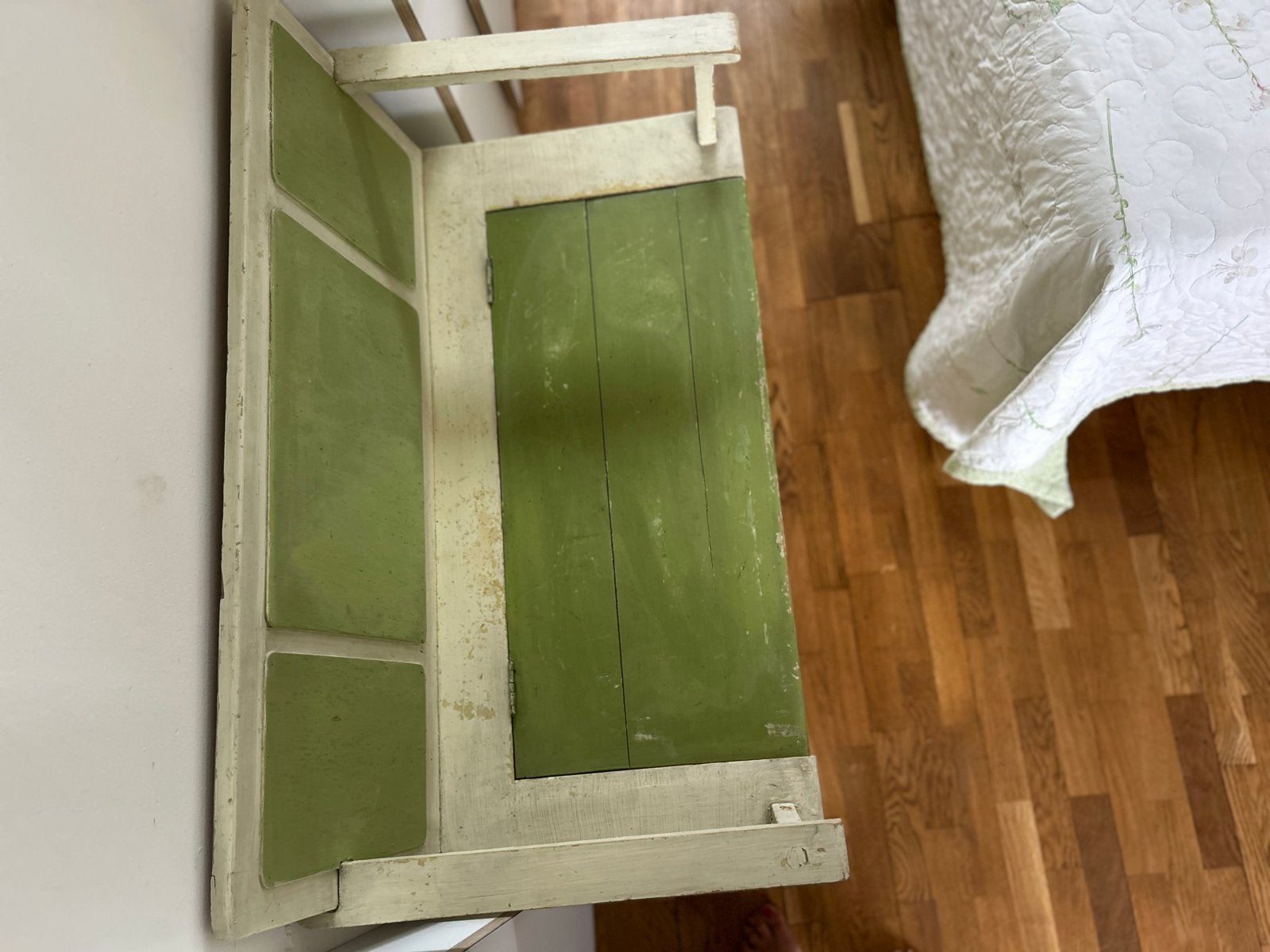 Vintage houten bankje met opbergruimte - groen/wit, Ophalen