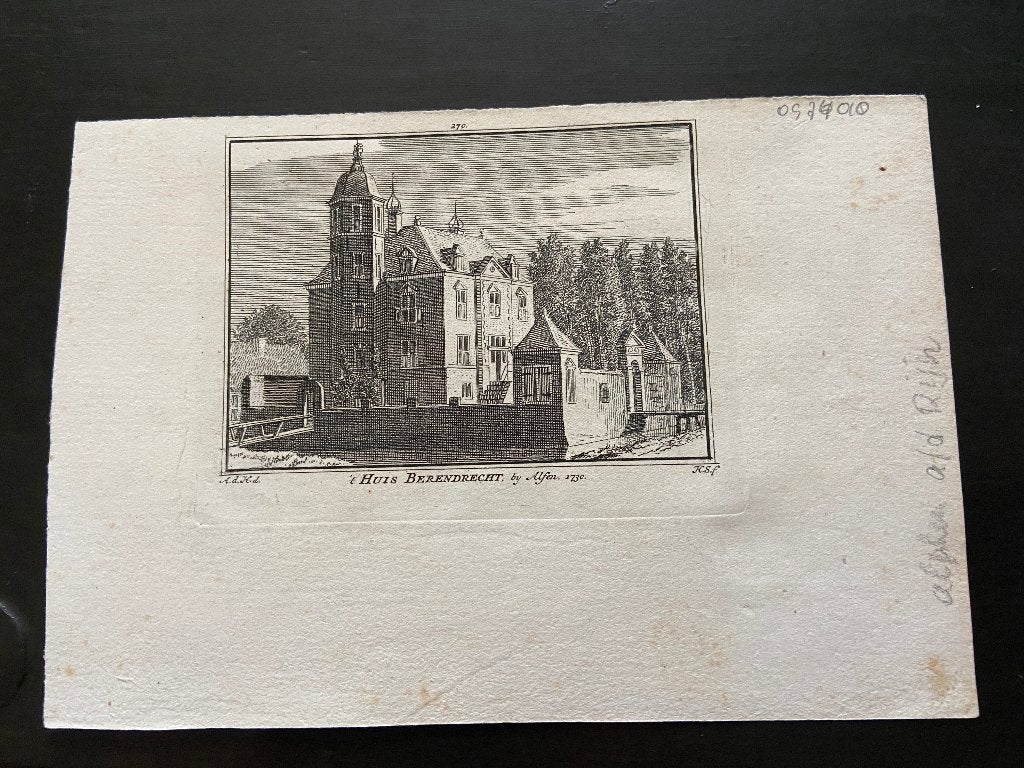 't Huis Berendrecht bij Alfen (a/d Rijn) in 1730, Stadsgezicht, Ophalen of Verzenden, Origineel, 11 cm