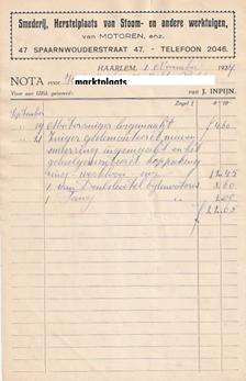 Haarlem smederij stoomwerktuigen J. INPIJN factuur 1927, Ophalen of Verzenden, Zo goed als nieuw, Overige typen