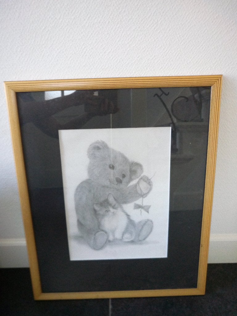 Tekening schilderij beer met poes, Ophalen of Verzenden, Minder dan 50 cm, Schilderij