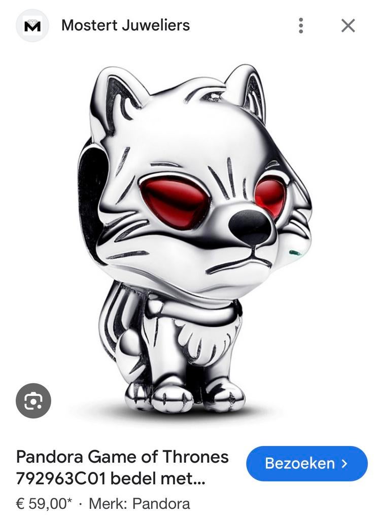 NIEUW Game of Thrones Pandora bedel DIREWOLF GHOST 792963C01, Ophalen, Nieuw, Zilver, Pandora