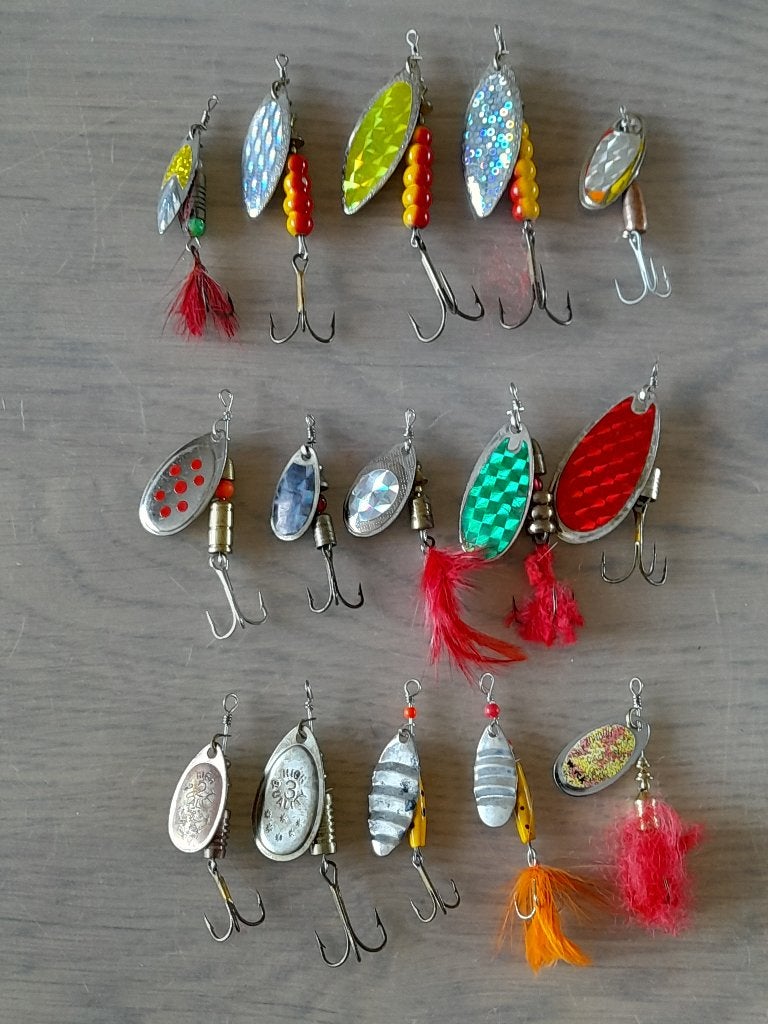 Set van 15 verzwaarde spinners van 4 tot 14 gram als nieuw, Ophalen of Verzenden, Zo goed als nieuw, Kunstaas