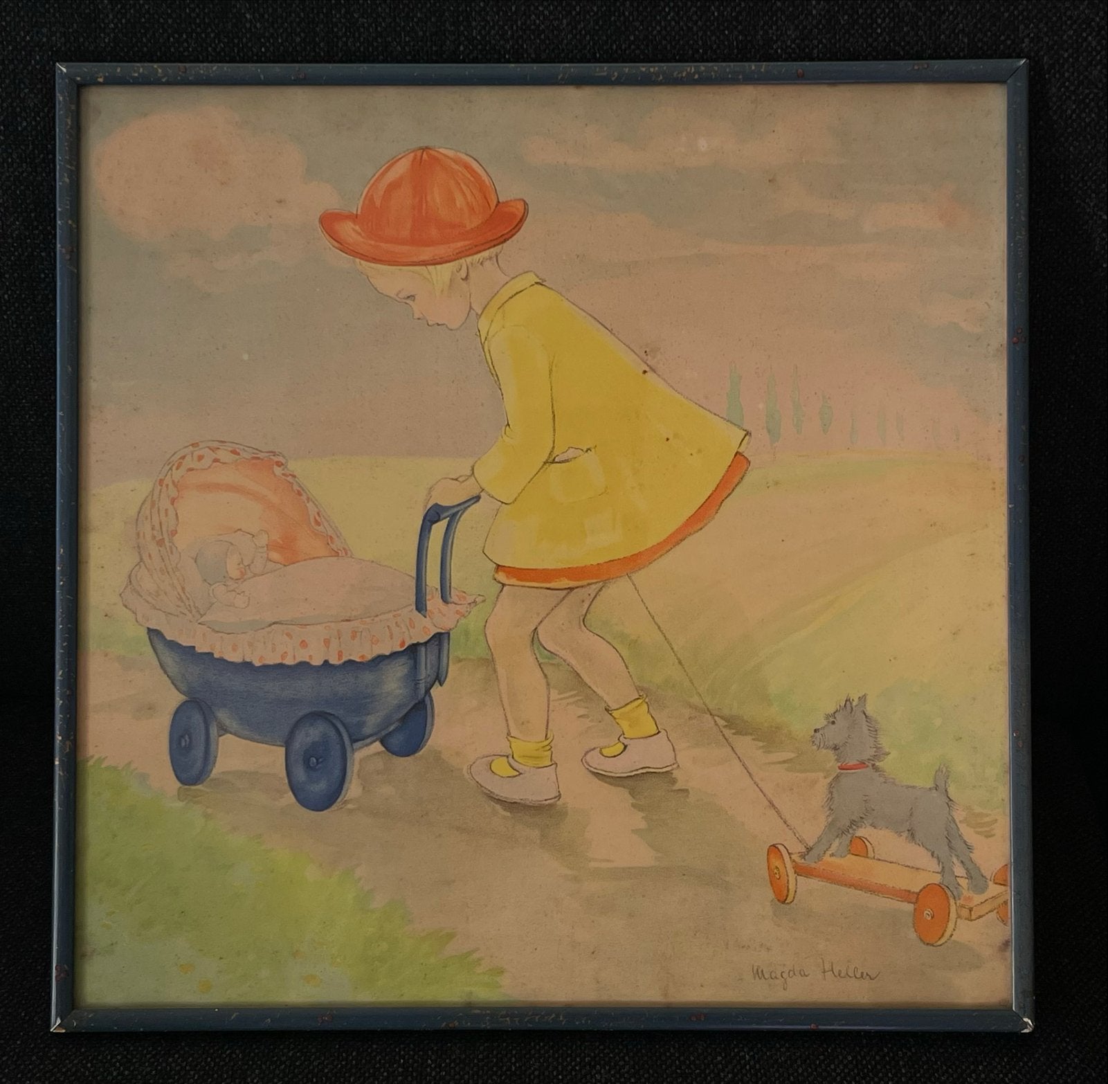 Originele vintage litho/prent van Magda Heller., Antiek en Kunst, Portret of Personen, Ophalen of Verzenden, Gesigneerd, Aquarel