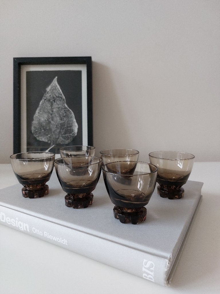 Vintage Franse Borrelglazen Rookglas 6 stuks met aparte voet, Ophalen of Verzenden