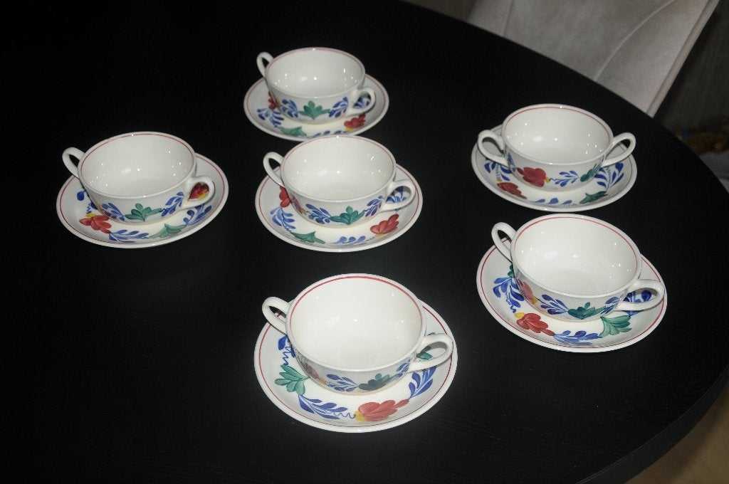 Set van 6 boerenbont soepkommen met schotels, Boch, ZGAN!!, Ophalen of Verzenden
